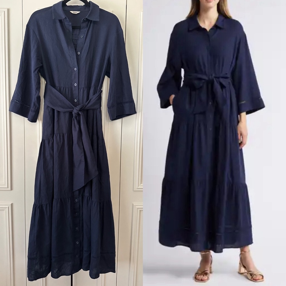 Caslon Navy Linen Blend Shirt Dress, XXS (Fits S-M)